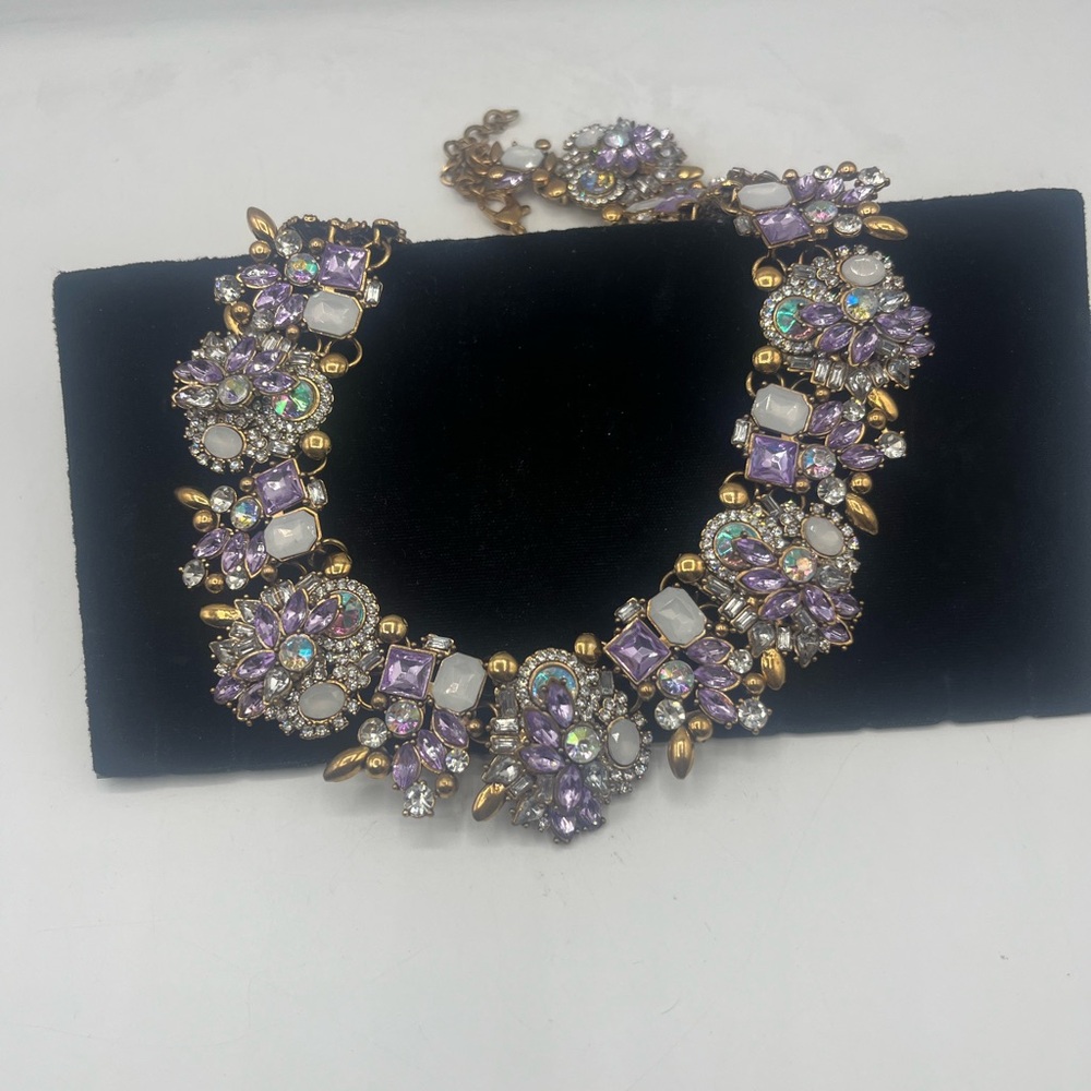 Lavender Rhinestone Crystal Statement Link Necklace - Ages Copper/Gold Tone